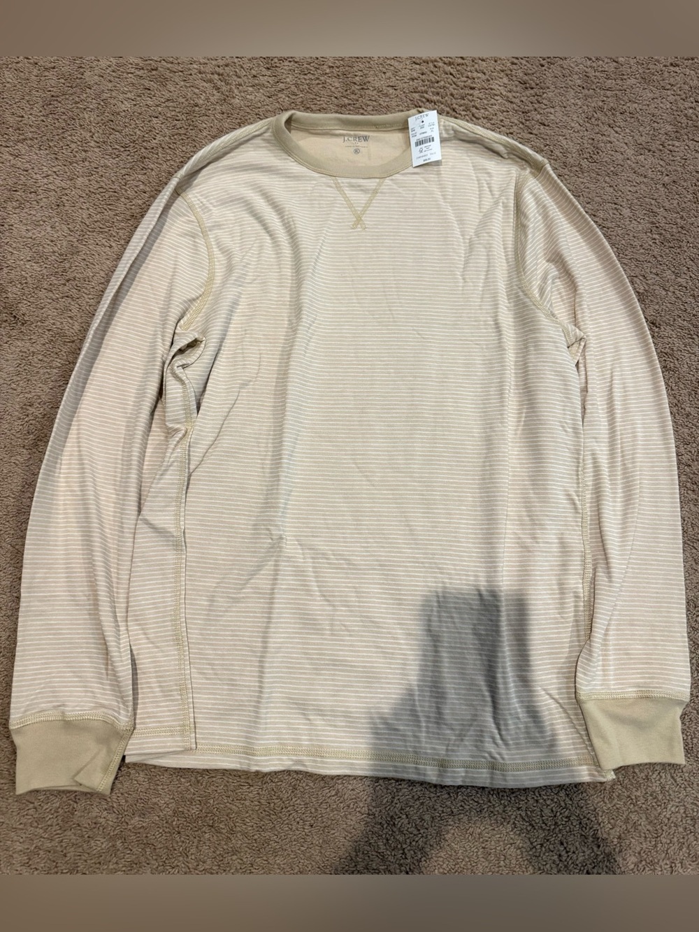 J. Crew Men's Long-Sleeve Crewneck Shirt in Light Tan Thin Stripe